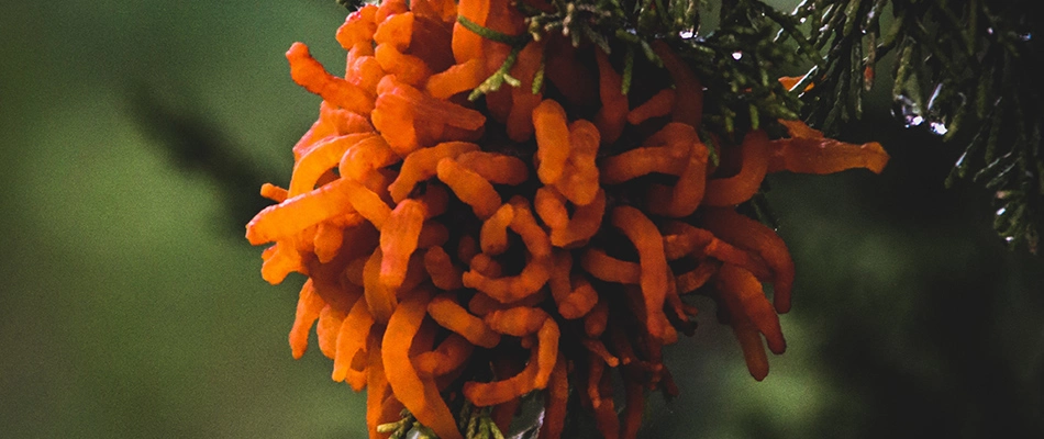 A tree branch with cedar apple rust tree disease in Indianapolis, IN.