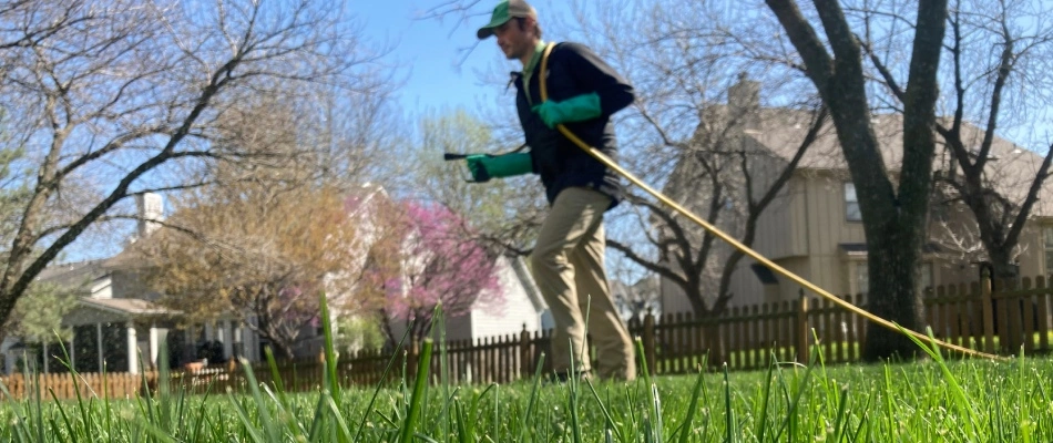 Green Again professional applying curative lawn disease treatment to lawn in New Palestine, IN.