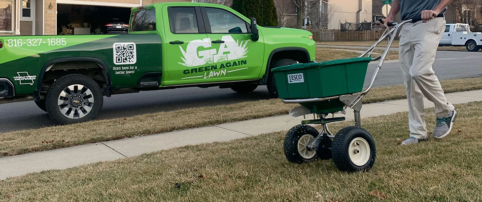 Green Again professional overseeding lawn in Mission, KS.